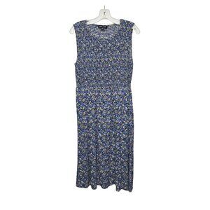 Nautica Jeans Blue Floral Smocked Midi Dress Pockets Sleeveless Boho Size M